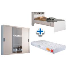 Cama Solteiro Ravena + Colchão Orthocrin + Guarda Roupa Veneza Luxo Branco