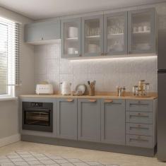 Cozinha Modulada 6 Peças com Tampo, Portas de Vidro e Balcão de Embutir Cabecasa Madeiramadeira Cinza/Branco