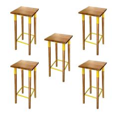 Kit 5 Banquetas Bistro Industrial Colors Ferro E Madeira Maciça - Amarela Amarelo