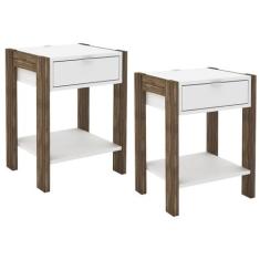 Kit 02 Mesa de Cabeceira Com Tomada 1 Gaveta AZ1016 Branco Nogal Tecno