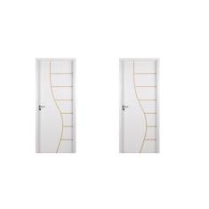 2 Kits Porta De Madeira Decorada 215x74cm Com Batente De Mdf Ultra 12cm Cantareira Branco