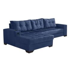 Sofá 5 Lugares Dijon com Chaise Esquerdo e Entrada USB Suede Azul Mari