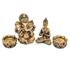 Kit Mini Estátua Ganesha + Buda Hindu + 2 Castiçais