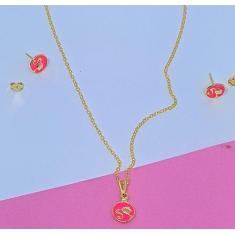 Kit Conjunto Colar e Brincos Infantil Barbie Girl Rosa Pink Folheado O