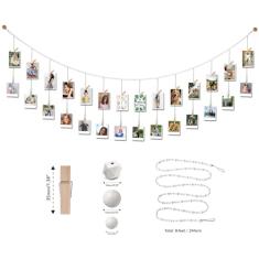 Yudarte Guirlanda de Contas de Madeira de 8 Pés com Prendedores de Roupa, Porta-Cartões com Imagens - Country Farmhouse Christmas Nursery Boho Holiday Decorations With Clips