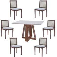 Conjunto Mesa Shell com Tampo de Vidro 160x90 cm e 6 Cadeiras Steve Amêndoa - Gran Belo