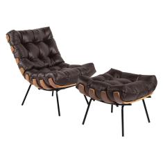 Poltrona e Puff Decorativos Sala de Estar Costela Couro Marrom - Gran Belo