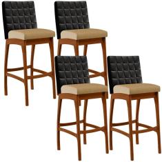 Kit 4 Banquetas Altas Fixa Mila B04 Madeira Estofado Preto Bege Escuro Lyam Decor