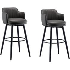 Banquetas De Bar Cinza Giratória Cadeira De Barra Conjunto De 2 Bancos Com Encosto Altura Do Balcão De Cozinha Com Braços, Assento Estofado Cromado Com Pedal De Couro Nappa, Para Bares, Cafés, Lou