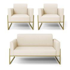 Sofá Namoradeira Com 2 Poltronas Base Industrial Alta Dourado Marisa Linho D03 - D\`rossi Cor A19 Bege