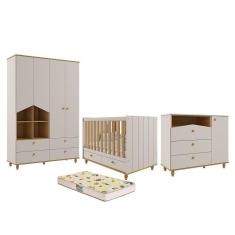 Dormitório Casinha Guarda Roupa, Cômoda 1 Porta e Berço Candy com Colchão Supreme - Permóbili Baby