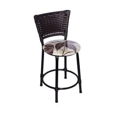 Banqueta Baixa Preta com Encosto Junco Argila Assento Floral Marrom