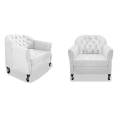Kit 02 Poltrona Cadeira Sofá Julia com Botonê Pés Luiz XV para Sala de Estar Recepção Quarto Escritório Suede Branco - AM Decor