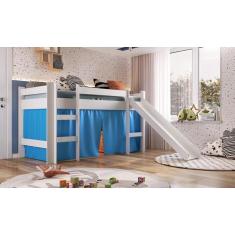Cama Infantil Elevada Com Escorregador Cortina Azul Playground