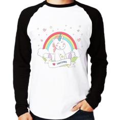 Camiseta Raglan Unicórnio Arco Íris Manga Longa - Foca na Moda, Branco