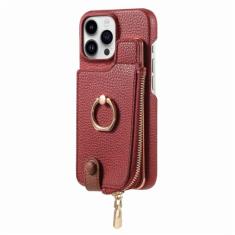 Carteira de couro com zíper com porta-cartões capa de telefone para iPhone 13 12 Mini 15 14 11 Pro Max XS XR X 7 8 Plus Capa com suporte de anel, vermelha, para iPhone 15Pro Max