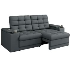 Sofá Retrátil e Reclinável 3 lugares porta-copos entrada USB apoio do braço deslizante em tecido veludo Cinza