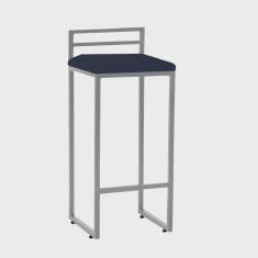 Banqueta Alta Com Encosto Petra Balcão Bar Cozinha Bistrô Ferro Prata Suede Azul Marinho - Ahazzo Móveis