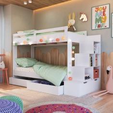 Cama Beliche Infantil Bicama Menino Menina 2,32m Com Escada, Nichos E Gavetas Com Rodas Branco