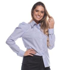 Camisa Botão Feminina Listrada Algodão Manga Bufante