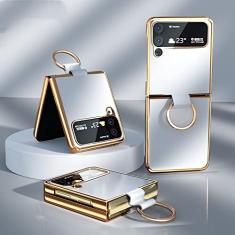 Capa traseira protetora de tela dobrável para Samsung Z Flip 4 Flip 3 Capa de couro Capa para celular com fivela de anel de dedo, branca, para Galaxy Z Flip 4