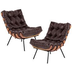 Kit 02 Poltronas Decorativas Sala de Estar Costela L04 Couro Marrom Café - Lyam Decor