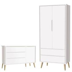 Cômoda Infantil Com Porta E Guarda Roupa 2 Portas Theo Branco Acetinado Pés Madeira Natural - Reller