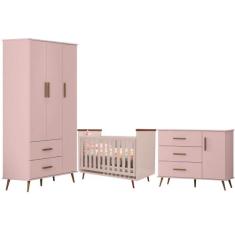 Quarto Infantil Retrô Completo - Roupeiro, Cômoda e Berço com Colchão 