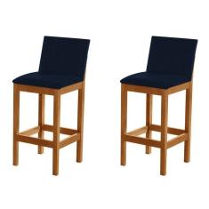 Kit 2 Banquetas Alta Luxo Pérola Com Encosto Estofada Em Veludo Azul Petróleo Madeira Maciça Castanh