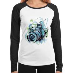 Baby Look Raglan Câmera Fotográfica Manga Longa - Foca na Moda, Branco