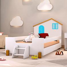 Cama Infantil Solteiro Com Escadinha Branco Azul Belíssima Divaloto