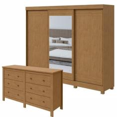 Conjunto de Guarda-Roupa 3 Portas 4 Gavetas Nice com Espelho e com Pés e Cômoda Maggiore New Amêndoa Clean/Off White