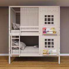 Beliche Casinha Reta com 02 Janelas e Cortina Madeira Maciça Branco Housin