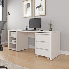 Mesa de Escritório 135cm com Gaveteiro com Rodízio e Prateleiras Ficus Cabecasa Madeiramadeira Branco