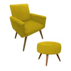 Kit 01 Poltrona Decorativa Nina + Puff Classic Tecido Suede Cor Amarel