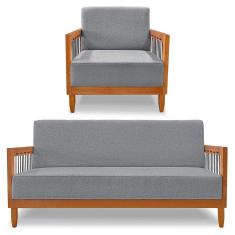 Kit Poltrona e Sofá Living 2 Lugares Marilia 1,60m Linho Grafite Base em Madeira Castanho - Pallazio