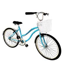 Bicicleta feminina aro 26 beach sem marchas c/ cesta azul