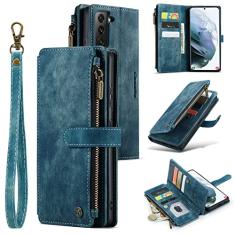 UEEBAI Capa carteira para Samsung Galaxy S21 FE 5G, capa de telefone premium feita à mão de couro PU com compartimentos para cartões, fecho magnético, bolso com zíper, suporte, capa flip com alça de