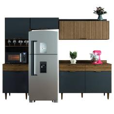 Armário de Cozinha Completa Com Balcão 6 Portas Ripado 3D 3 Gavetas Nicho Para Micro Ondas Madeirado/Grafite