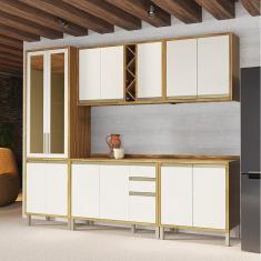 Cozinha Modulada Completa 5 Peças 12 Portas com Adega e Tampo 100% Mdf Barbados Espresso Móveis Amêndoa/Off White