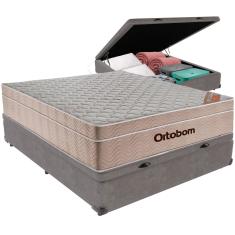 Cama Box Baú Cinza e Colchão Airtech  Molas Ensacadas Casal Ortobom