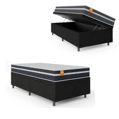 Cama Box Solteiro Baú Colchão Molas Qatar 88x188x63cm Branco / Preto - Suporta Até 150kg Preto