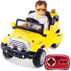 Carro Elétrico Carrinho Infantil Jipe Trilha Amarelo com Controle Remoto Auxiliar MP3 12V 2 P