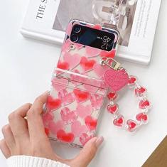 Para Samsung Z Flip 4 Case Pequeno Floral Transparente Folding Phone Case com Pulseira Para Samsung Z Flip 3 ZFlip4 Capa Rígida, E, para Samsung Z Flip 3