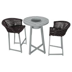 Conjunto Bistrô Champanheira Cinza Tampo Ripado e 2 Banquetas Reis Corda Náutica Marrom