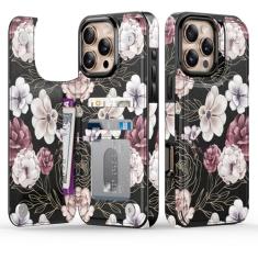 Goodon Capa carteira para iPhone 16 Pro - Capa flip de couro com design floral moderno, 3 compartimentos para cartão e função de suporte, capa protetora elegante para mulheres e meninas - flores