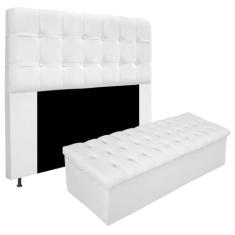 Kit Cabeceira Estofada Mel Cama Box Casal 140 cm mais Calçadeira Baú Mel com Capitonê Suede Branco para Quarto - AM Decor