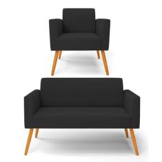 Sofá Namoradeira com Poltrona Pés Palito Castanho Marisa Veludo Preto 