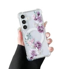 DEFBSC Capa magnética para Samsung Galaxy S24 Plus [funciona com Magsafe] estampa floral transparente design de impressão flexível acrílico à prova de choque capa protetora de flor, peônia roxa