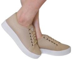 Tênis Casual Feminino Sola Branca Alta Básico Moda Leila Soares, Bege,